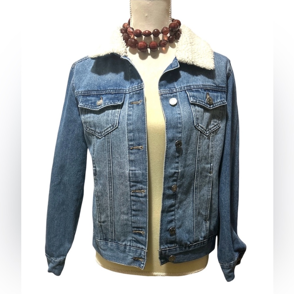 Working Title Denim Button Jacket with White Sherpa Collar